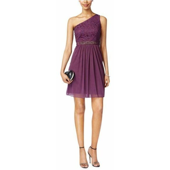ADRIANNA PAPELL One-shoulder Lace & Tulle Party Dress, Currant NWT 6 - Picture 1 of 10